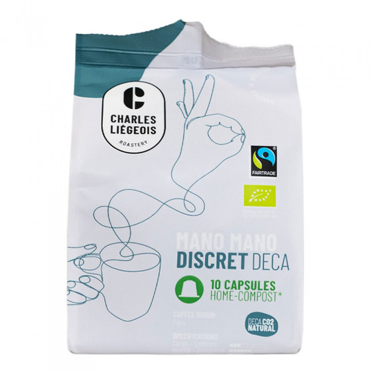 Nespresso® -koneiden kanssa yhteensopivat luomu kahvikapselit Charles Liégeois "Mano Mano Discret Deca", 10 kpl.